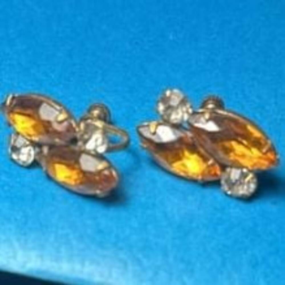 Vintage Amber Yellow Rhinestone Clip On Earrings Earring Set Fashion Jewelry